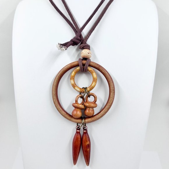 Faux Wood Dangle Brown Cord Over-the-Head 28” Necklace - Picture 2 of 6